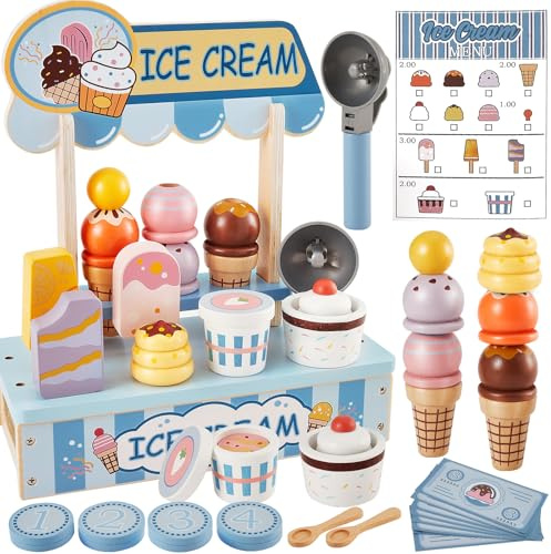 HERSITY Jouet Glacier en Bois pour Enfant, Dinette Glacier Desserts Jeu de Rôle Enfants Montessori Éducatif Jouet Cadeau pour Garçon Fille 2 3 4 5 Ans (Bleu)