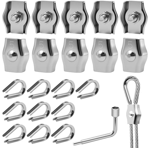 Celepoir 21 Morsetti per Funi Metalliche 5mm, M5 Morsetto Serracavo Set con 10 Morsetti per Filo 5mm, 10 Ditali per Funi 5mm & Chiave, Morsetto Serracavo in Acciaio Inox 304, per Corda per Bucato