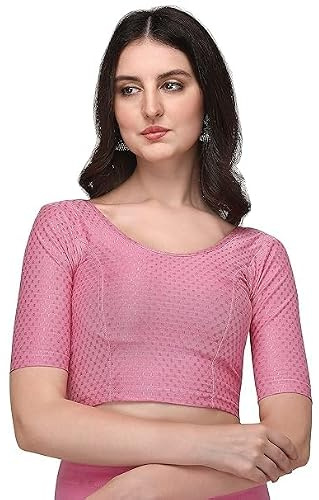 Accessorize Kingdom Women's Dobby Pure Cotton Elastin Stretchable Readymade Round Neck Elbow Length Sleeves Blouse (UK, Alpha, XXL, Regular, Regular, Pink)