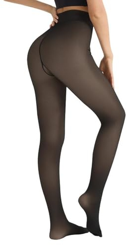VYNZOR Medias con forro polar para mujer, medias térmicas gruesas translúcidas falsas, ligeras con control de abdomen, medias cálidas para invierno