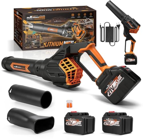 maXpeedingrods Soffiatori per foglie Senza Fili Elettrico, 21V 289km/h con 2 batterie 4,5Ah, 3 velocità + turbo, 3 ugelli, motore brushless Soffiatore 180° per foglie auto, prato, terrazza, tetti