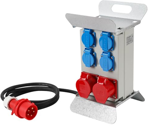Distributore di corrente per l'edilizia 4x16A 230V+2x16A 400V CEE 5 poli, Quadro di distribuzione a parete con interruttore LS, Distributore di corrente IP44 con coperchi di sicurezza e cavo per