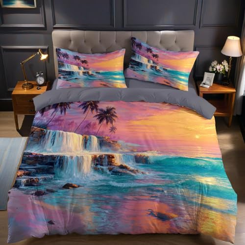 Juego de Funda nórdica Cama 105 Cascada al Atardecer en el océano Funda edredón Reversible 180x220 cm Microfibra Suave Set de Ropa de Cama 3 Piezas para Cama Individual o de Matrimonio