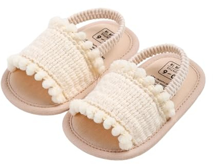 MAHUAOYIXI Baby Girl Sandals Bow/Pearl/Rainbow Decor Princess Shoes Birthday Wedding Sandals Anti-Slip Sneakers Soft Sole Prewalkers First Walking Flats for 0-18 Months (Beige, 0_months-6_months)