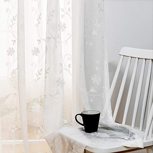 Floral Embroidery Sheer Curtains White 63 Inch Length, Rod Pocket Voile Drapes for Living room, Bedroom, Window Treatments Semi Crinkle Curtain Panels for Yard, Patio, Villa, Set of 2, 52x 63.