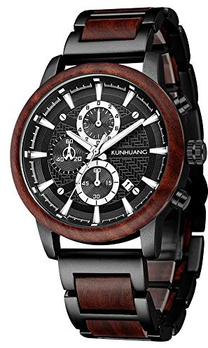XIRUVE Reloj de Madera de Pulsera Natural Cuarzo Multifunción para Hombre Fecha Cronógrafo