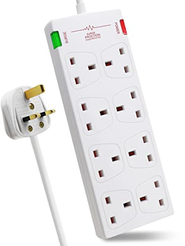EXTRASTAR 8 Way Extension Leads with Surge Protection, 13A 3120W Approved British UK Wall Mounted Power Strips with 1 Metre Extension Cord for Home, Office - White
