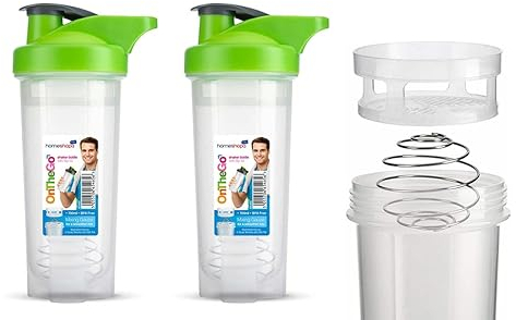 HOMESHOPA Shaker Bottle, 2 Pack Green 700ml Protein Shaker Bottle with Mixer Ball for Supplement Shakes, Leak-Proof Screw-On Lid & Secure Drinking Flip Cap, BPA Free Sport Gym Blender Bottle