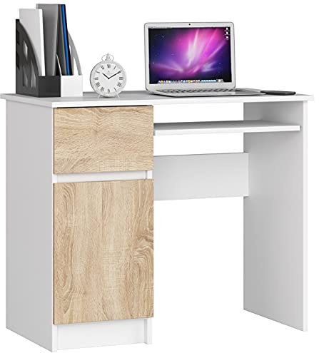 AKORD Bureau Ordinateur Piksel avec Tablette Coulissante Clavier | Simple avec Rangement | 1 Tiroir et 1 Compartiment avec Porte | Desk | Table d’Ordinateur | L90 x H77 x P50 cm | Blanc/Chêne Sonoma