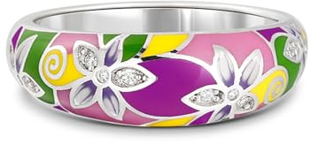 Jeulia Anillo de plata de ley para mujer, multicolor, flores esmaltadas, geométricas, diamantes para mujeres, niñas, anillo ancho, joyería de fiesta, regalo de aniversario personalizado