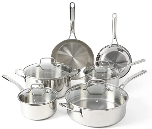 Martha Stewart Castelle 10 Piece 18/8 Durable Stainless Steel Induction Safe Non-Toxic Triply Bottom Kitchen Pots and Pans Cookware Set - Dishwasher Safe