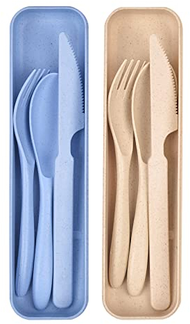 2 Pcs Travel Cutlery Set Plastic Spoon Knife Fork with Case for Work Lunch School Camping Picnic, Reusable Spoon Fork Set for Outdoor Tableware (Beige & Blue)