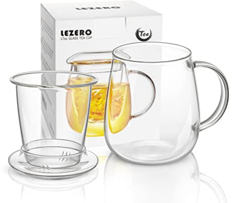 Lezero Glass Tea Cup with Strainer and Lid Gift Kit, Borosilicate Infuser Mugs with Filter for Blooming & Loose Leaf Tea, Heat Resistance, Lead-free, Microwave & Dishwasher Safe, 17oz