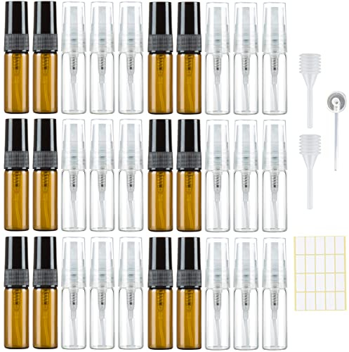30 nebulizzatori vuoti da 3 ml, in vetro piccolo da riempire, mini sacchetti per profumo, ricaricabili, campioni di profumo per viaggi, ambra trasparente con pipette