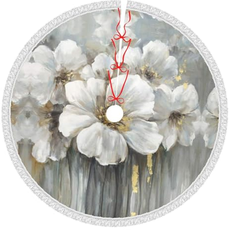 Weihnachtsbaumrock mit Quaste, 76,2 cm, weißer Lilienstrauß, bedruckt, Weihnachtsbaumschmuck, Bauernhaus, Weihnachtsbaummatte für Weihnachten, Neujahr, Urlaub, Innen- und Außendekoration