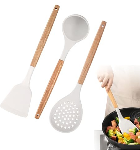 3 Pcs Silicone Kitchen Utensils Set - Wok Spatulas-Cooking Spoon-Slotted Spoon, Non-Stick Cooking Tools with Wooden Handles