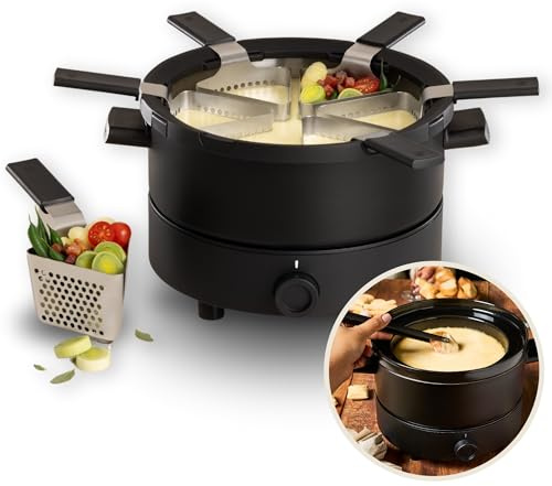 Fondussimo Evolution 3-in-1 Fondue Set for 6, Electric Fondue Pot with Double Boiler Bowl, 3L Stainless Steel Cauldron, 6 Perforated Baskets & Tongs, Adjustable Temperature Control
