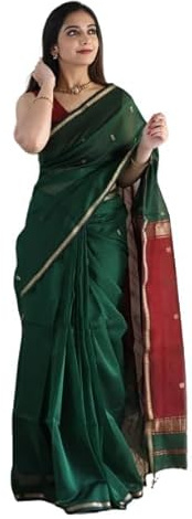 Jaanvi fashion Sari de seda de algodón para mujer con trabajo Zari y blusa sin costuras (especial Diwali), verde oscuro, talla única