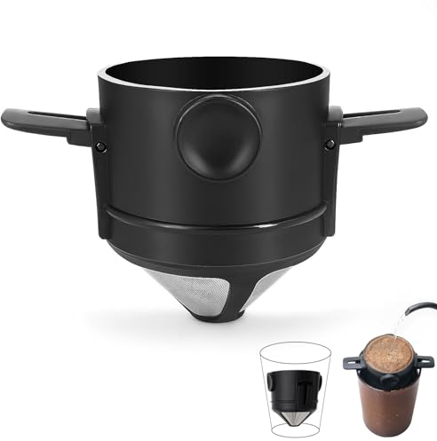 Reusable Pour Over Coffee Dripper, Portable Stainless Steel Cone Coffee Filter with Collapsible Holders, Paperless Coffee Maker 1-2 Cup for Home, Office and Travel Camping (Black)