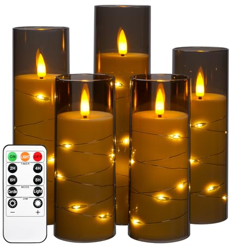 Da by Candela LED con luce a corda, candela alimentata a batteria con telecomando e timer 24 ore, candela lucida senza fiamma per la decorazione domestica (Grigia, set di 5)