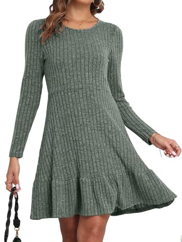 CheChury Stickad klänning för dam höst rund hals tröja långärmad bodycon-klänning vinterklänning elegant stickad tröja casual stretch klänning, Ljusgrön, M