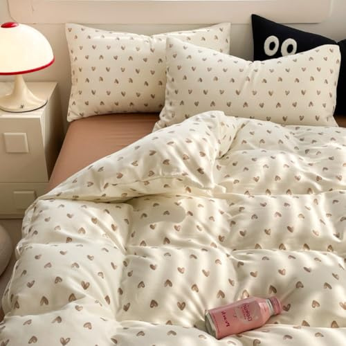 Covebett Set di biancheria da letto con copripiumino singolo con cuori beige e marrone, in microfibra, 2 pezzi, per bambini, donne, ragazze, estetico, elegante, copripiumino 135 x 200 cm e 1 federa da