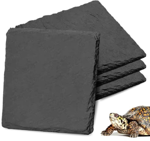UESDU 4 Pcs Turtle Basking Platform, Tortoise Rock Plate 10x10cm Natural Rock Tortoise Slate Pad Reptile Habitat Platform and Feeding Tray