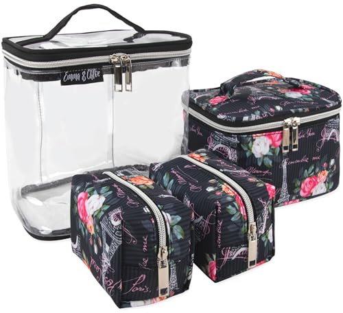 Emma & Chloe Travel Toiletry Bags for Women, 4 Piece Waterproof Cosmetic Case, Set, Pouch Makeup Organizer Bags for Women, Home Counters (Postcards from Paris)