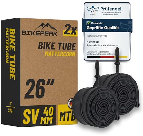 BikePeak 2X Fahrradschlauch MTB 26 Zoll mit schwarzem Sclaverandventil 40mm - Schlauch SV Presta Ventil, ETRTO 40/62-559, 650B - 2er Set Schläuche Mattercorn