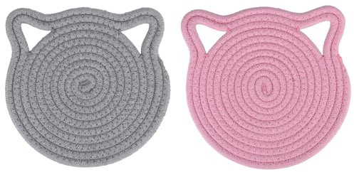 Tinoaly 2 Presine da Cucina, Tappetino per Piastra Calda da 18cm Sottopentola in Cotone Resistente al Calore Set Sottobicchieri a Forma di Gatto per Piani di Lavoro Della Cucina (Rosa, Grigio)