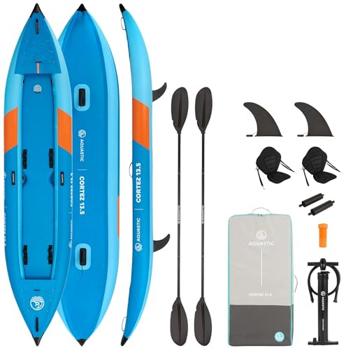 AQUASTIC Cortez 13'5 - Aufblasbares Zwei-Personen-Freizeitkajak, Hybrid Drop-Stitch, 3-Kammer, Tragfähigkeit bis 180 kg, Set: Rucksack, Paddel, Sitze, Pumpe, Flossen, stabil