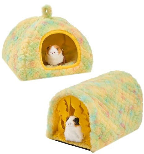 Avont 2 Pack Guinea Pig Hideout Bed and Tunnel Toys Set with Curtain, Washable Soft Plush Bunny Hideaway House Tube Cage Accessories for Small Animal Pet, Rabbits Chinchilla Hamster Ferret Rat -Yellow