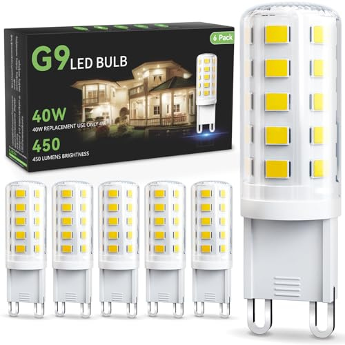TJOY G9 LED Bulb 4W, 4000K Neutral White 6 Pack, Equivalent 40 Watt T4 G9 Halogen Replacement, G 9 Bi-pin Base Light Bulbs for Chandelier, 120V 450 LM 360 Beam Angle for Home Lighting, Non-dimmable