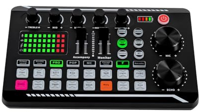 Scheda audio live con 16 effetti speciali e rumore ambientale. Supporta la connessione di più dispositivi. Può essere utilizzata per registrazioni musicali DJ in studio, karaoke online, ecc. Nero