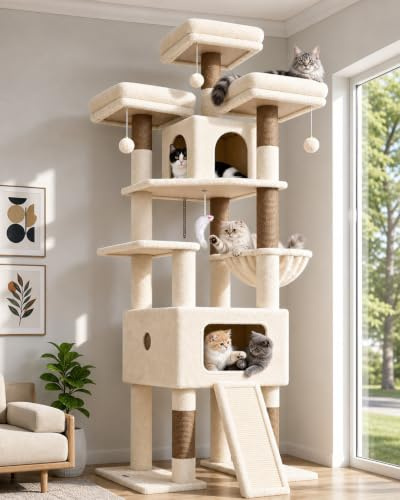Globlazer klösträd XXL, beige för stora katter, 192 cm med extra stort katthus, 48 x 48 x 30 cm, 3 vadderade sittstänger, korg, sisalklösbräda, stabilt katträd för 3–4 vuxna katter (F75, beige)