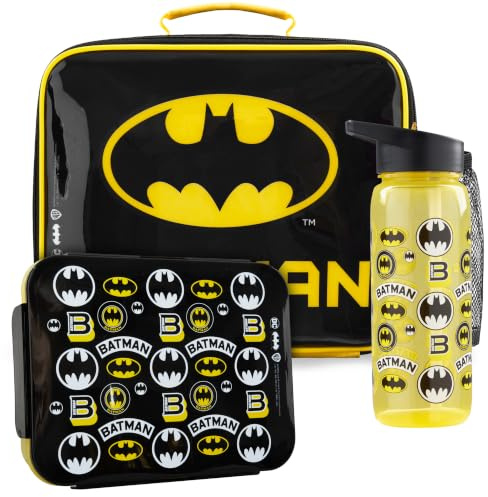 Get Trend DC Comics Batman Insulated Lunch Bag 3Pc Set with Reusable Bento Box and 21.6 fl oz BPA-Free Water Bottle with Straw, Lightweight Kids Lunch Box, Gifts for Boys (Black/Yellow Batman)