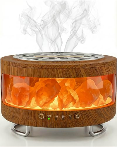 BZGG 4-in-1 Ultrasonic Essential Oil Diffuser & Himalayan Salt Lamp, Humidifier & 7-Color Night Light,Timer,Ultra-Quiet Operation and Auto Shut-Off for Bedroom,Office,Yoga Studio Relaxation, Darkbrown