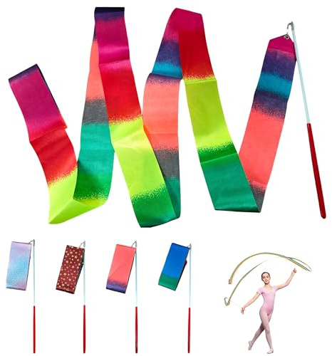 ZAYIO 4 Stück Tanzbänder mit Stab, Gymnastikband mit Stab, Rhythmische Sportgymnastik, Turnband, Rhythmische Tanzbänder, Tanzband für Zuhause, Sportgymnastik Tanzband, Bunte Übungsbänder
