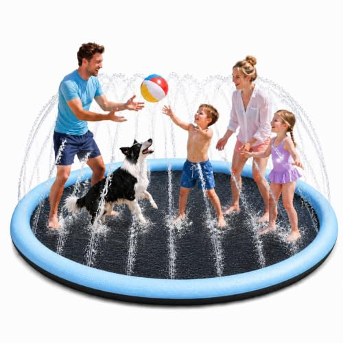 BASVII Tapis de Jet d'eau Antidérapant pour Enfants et Chiens, 170cm | Jeu d'eau pour Chien Réglable en Fontaine, Splash Pad Pour Jardin, Facile à Nettoyer, Usage Extérieur