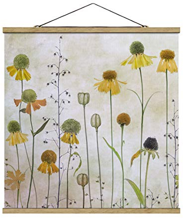 Stoffbild mit Posterleisten - Zarte Helenium Blüten Quadrat 80 x 80cm Eiche