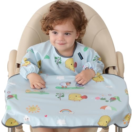 PewinGo Weaning Bib Attaches and Fully Cover to Baby Highchair, Long Sleeves Bib with Waterproof, Machine Washable & Comfortable,Easy to Clean, Suitable for BLW 6 Months to 30 Months-Grey