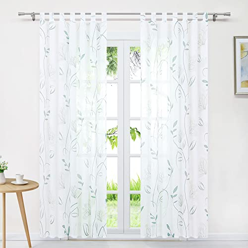 Delien Voile Gardinen 2er Set Gardinenschals mit Schlaufen Flächenvorhänge »Lotus« Transparenter Vorhang mit Blumenmuster Landhaus Deko Wohnzimmer Fenstergardine BxH 140x145cm,Weiß