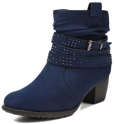 VJH confort Women's Mid Calf Boots,Round Toe Comfort Low Heel Slouchy Dress Booties with Buckle Strap Side Zipper(NAVY BLUE 9