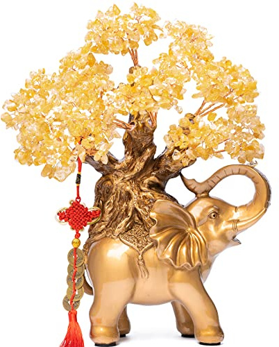 GEMBOURY Citrine Crystal Money Tree on Gold Elephant Statue, 17”Large Gemstone Bonsai Tree of Life Home Décor Gifts for Wealth Positive Energy, Feng Shui Décor