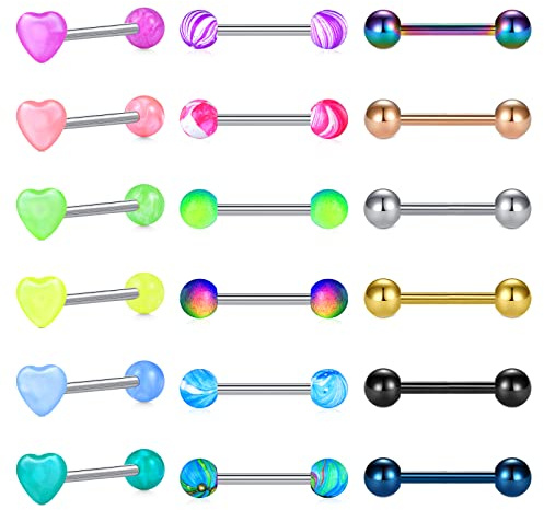 Rajnard 18Pcs Piercing Lingua 16mm 14G Acciaio Chirurgico con Cuore Top Piercing Lingua a Sfera Luminosa per Donne Uomini
