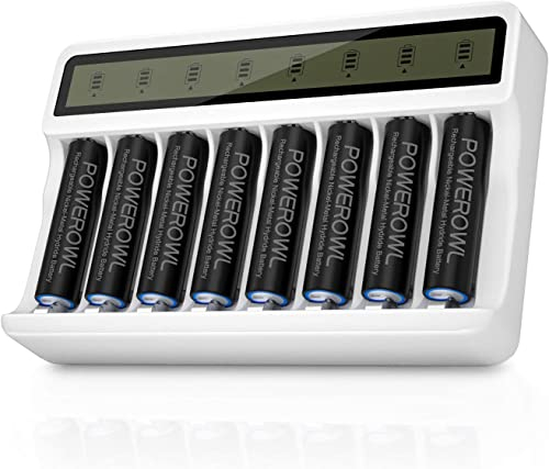 POWEROWL 8 Piezas Pilas Recargables AA con Cargador de Pilas, 8 Ranuras LCD Cargador, Alta Capacidad 2800mAh AA Recargable 1.2V Ni-MH