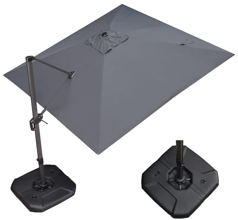 PURPLE LEAF Sombrilla Terraza Exterior 3 x 3 m con Base, Parasol Jardín con 8 Varillas de Aluminio, Tejido 240g Protección UV 50+, Inclinable y Rotación 360° para Jardín Piscina Balcón Patio, Gris