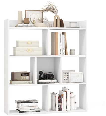 COSTWAY 7-Cube Bookshelf, 90cm Wooden Bookcase Storage Rack with Anti-Toppling Device, Freestanding Modern Display Shelving Unit Room Divider for Study Bedroom Living Room (White)