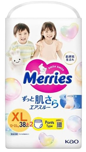 MERRIES Japanese Pants, XL, 12-22 kg, 38 + 2 pcs. - Ultra-Soft, Super Absorbent, Breathable Baby Diapers for Sensitive Skin - Leak-Proof, Newborn & Infant Protection