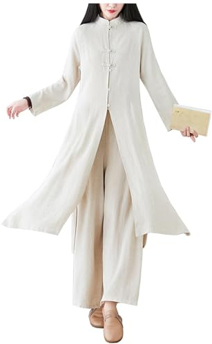 Tuta Tai Chi per Donna, Uniforme Tradizionale Cinese per Meditazione Zen, Cotone e Lino, Maniche Lunghe, Kung Fu per Arti Marziali, Qigong,Beige-XL
